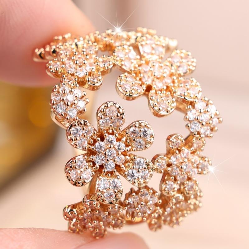 Charming Gold Color Flower Zircon Hollow Ring for Women Wedding Banquet Daily and Party