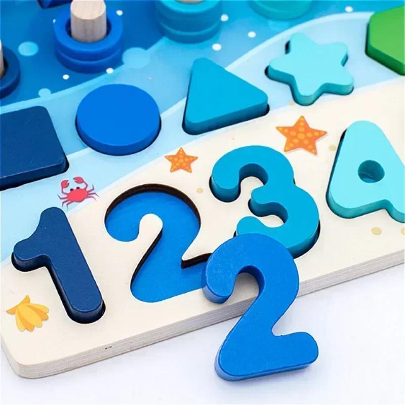 Non-Toxic Montessori Toys Wooden Number Puzzle Sorting For Toddlers Shape Sorter Counting Fishing Game Educational Math Stacking Block
