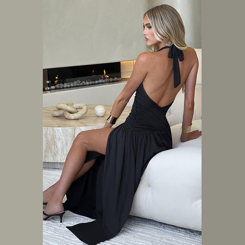 Letní Nové Dámské Oblečení Temperament Halter Neck Výstřih do V Dlouhá Sukně Sexy Rozparek Plisované Bez zad