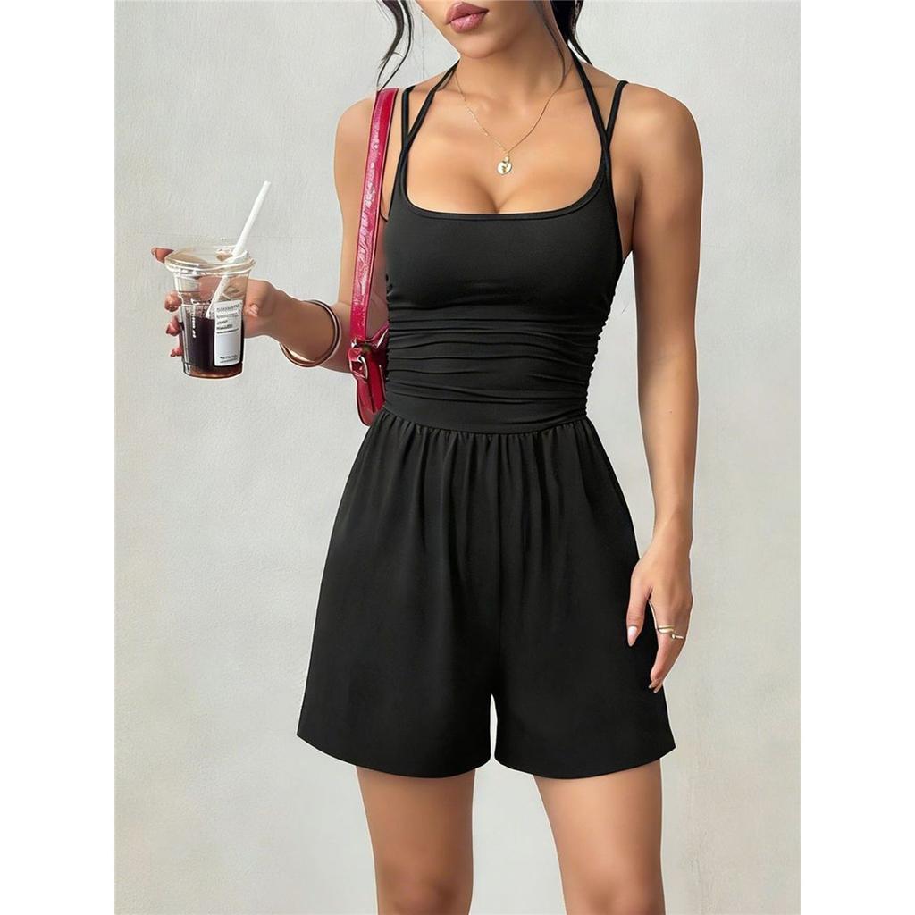 Women's Solid Color Sleeveless Halterneck Suspender Jumpsuit Pleated Waist Shorts