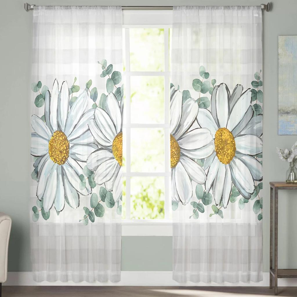 Summer White Daisy Watercolor Grid Sheer Curtains for Living Room Bedroom Kids Room Tulle Window Treatment Drapes