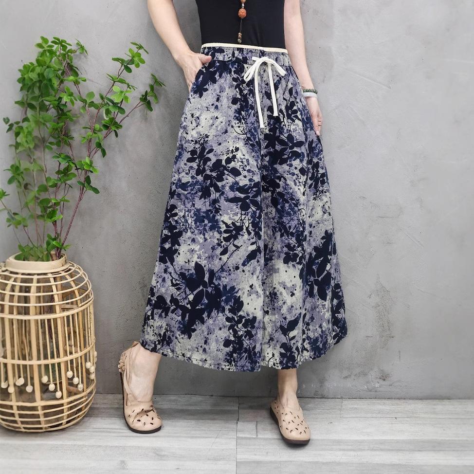 

Женские винтажные свободные брюки с цветочным принтом, летние широкие повседневные брюки из хлопка и льна One Size