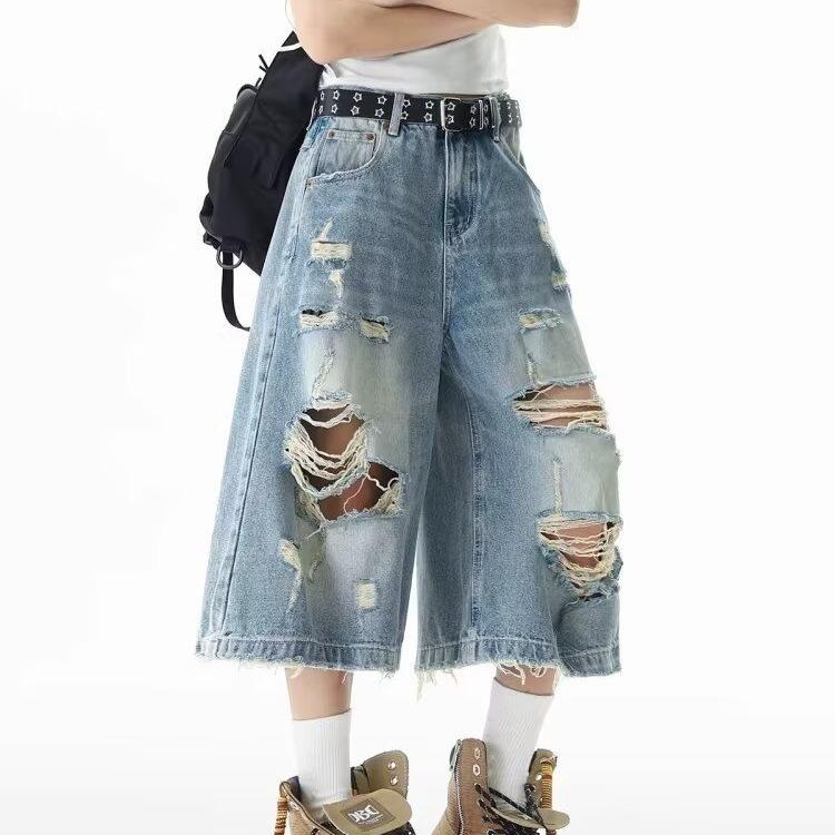 American Washed Ripped Denim Cropped Pants Men's and Women's Summer Vintage Design Couple Wide-leg Over-knee Pants