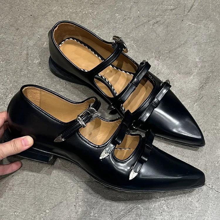 

Japanese metal buckle bow Mary Jane shoes sweet cool pointed leather shallow mouth flat shoes women 40 чёрный