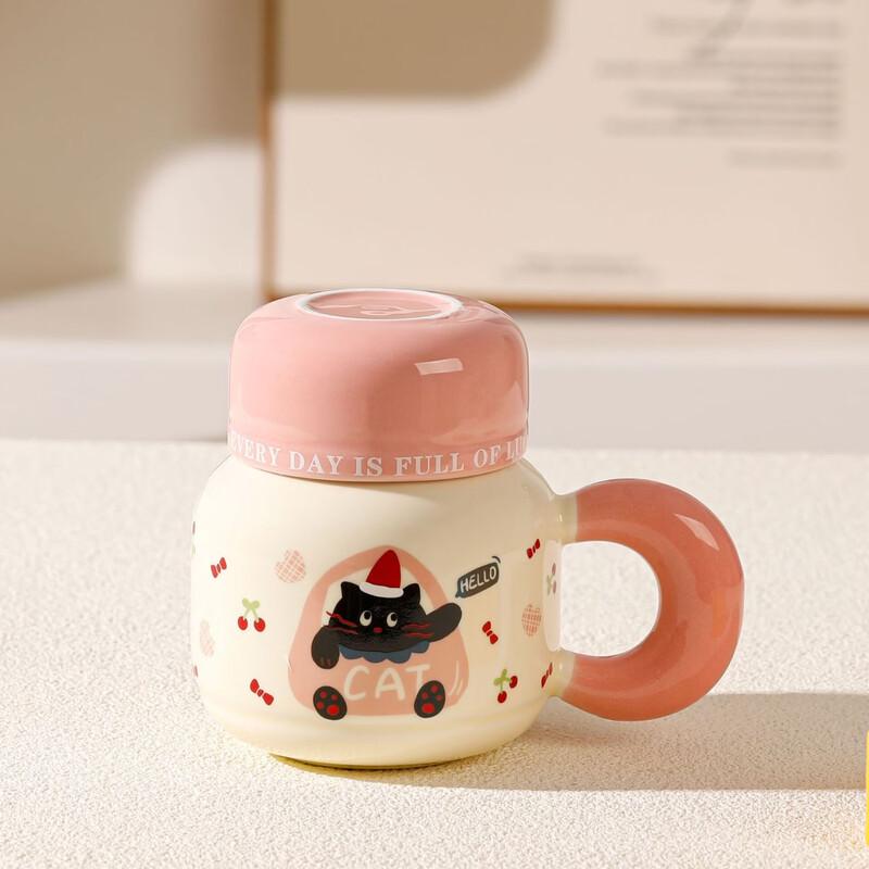 Pink Cat Cartoon Ceramic Mug with Lid