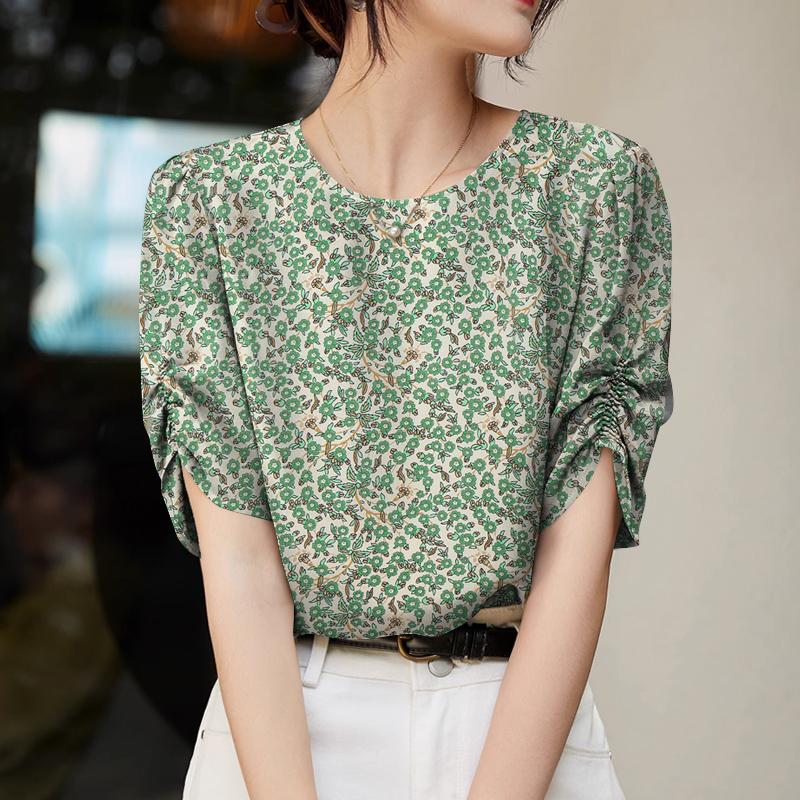 

ZANZEA Женская повседневная блузка с круглым вырезом и короткими рукавами с цветочным принтом M зелёный