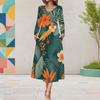 Women Plus Size V Neck Long Sleeve Red Floral Printed A Line Midi Dress With Pockets