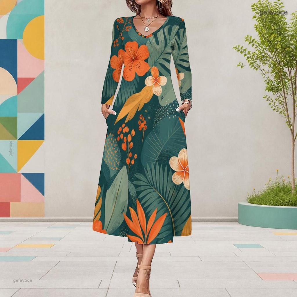 Women Plus Size V Neck Long Sleeve Red Floral Printed A Line Midi Dress With Pockets