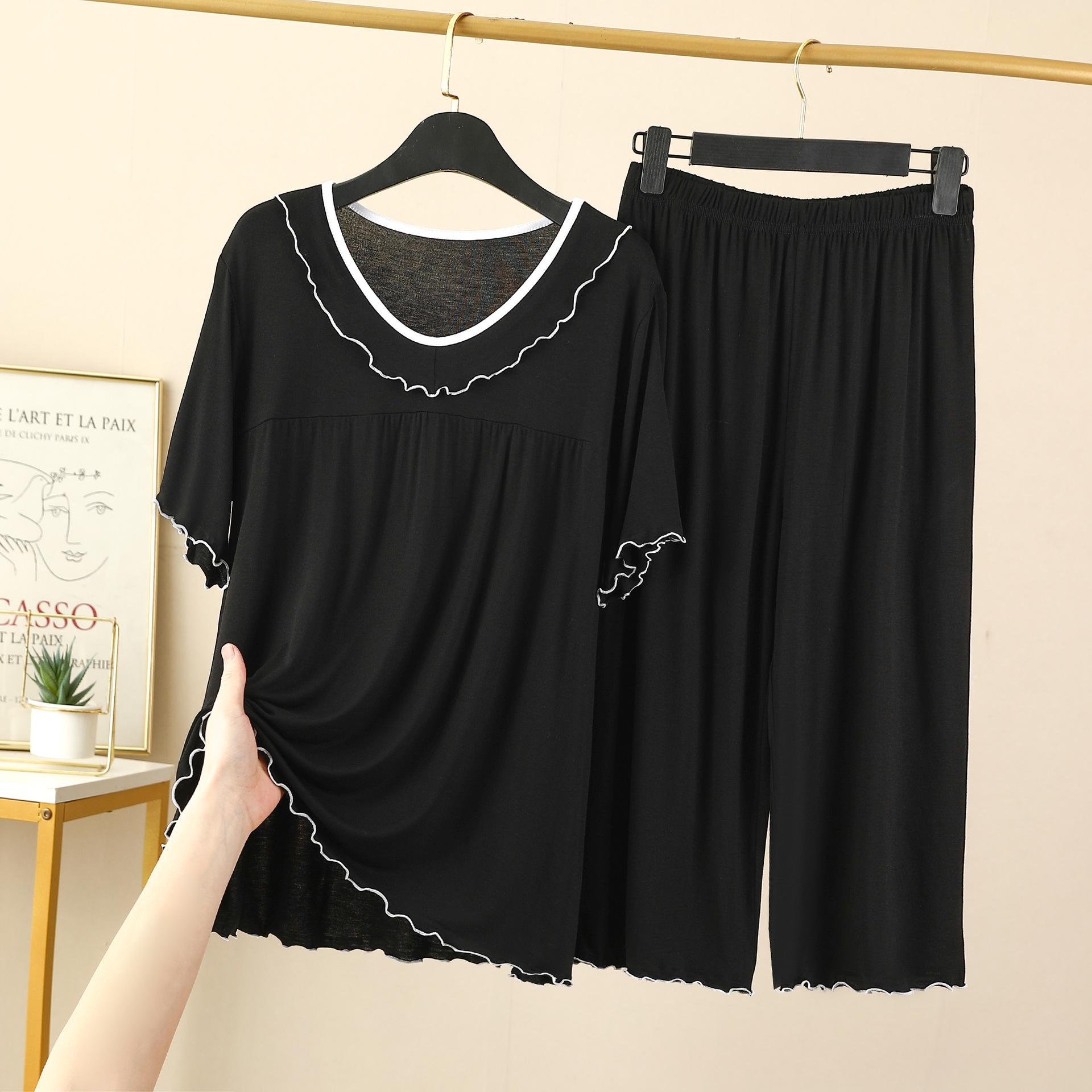 

Women s Pajamas Set V Neck Short Sleeve Capri Pants Suit Modal Casual Sleep Wear Clothing Night Pijamas Sets L чёрный