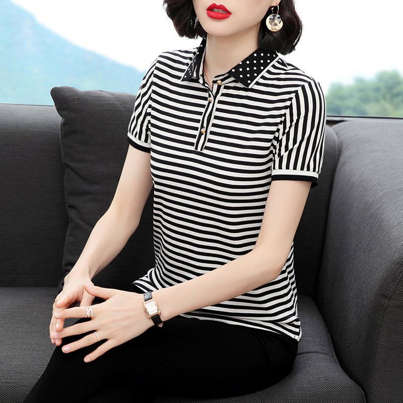 Fashion Basic Striped Blouse Female Clothing Polka Dot Turn-down Collar Spliced Summer Short Sleeve Casual Korean Button Shirt