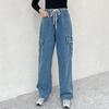 Mizqz Waist Tie Cargo Pants Wide Denim Pants Big Size Fxl