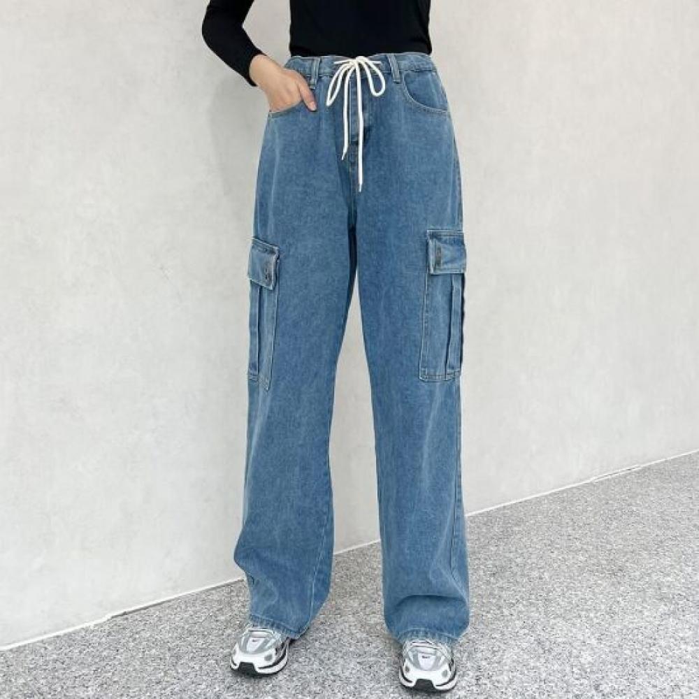 Mizqz Waist Tie Cargo Pants Wide Denim Pants Big Size Fxl