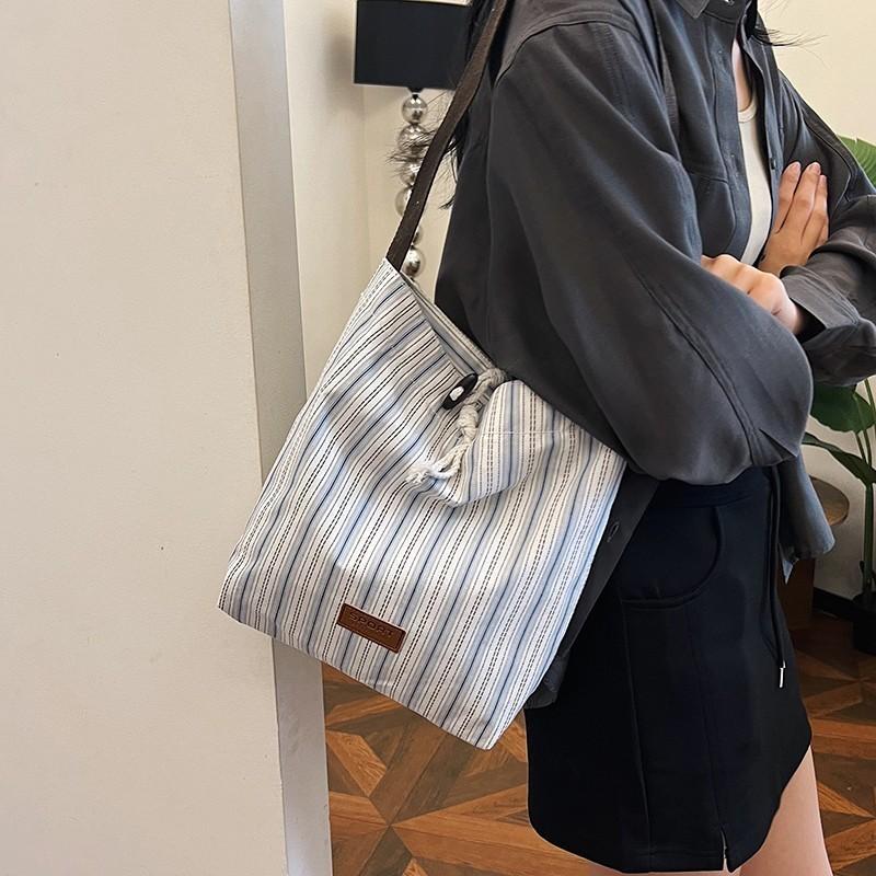 Stylish White Striped Nylon Tote Bag For Women With Large Capacity Ideal For Commuting