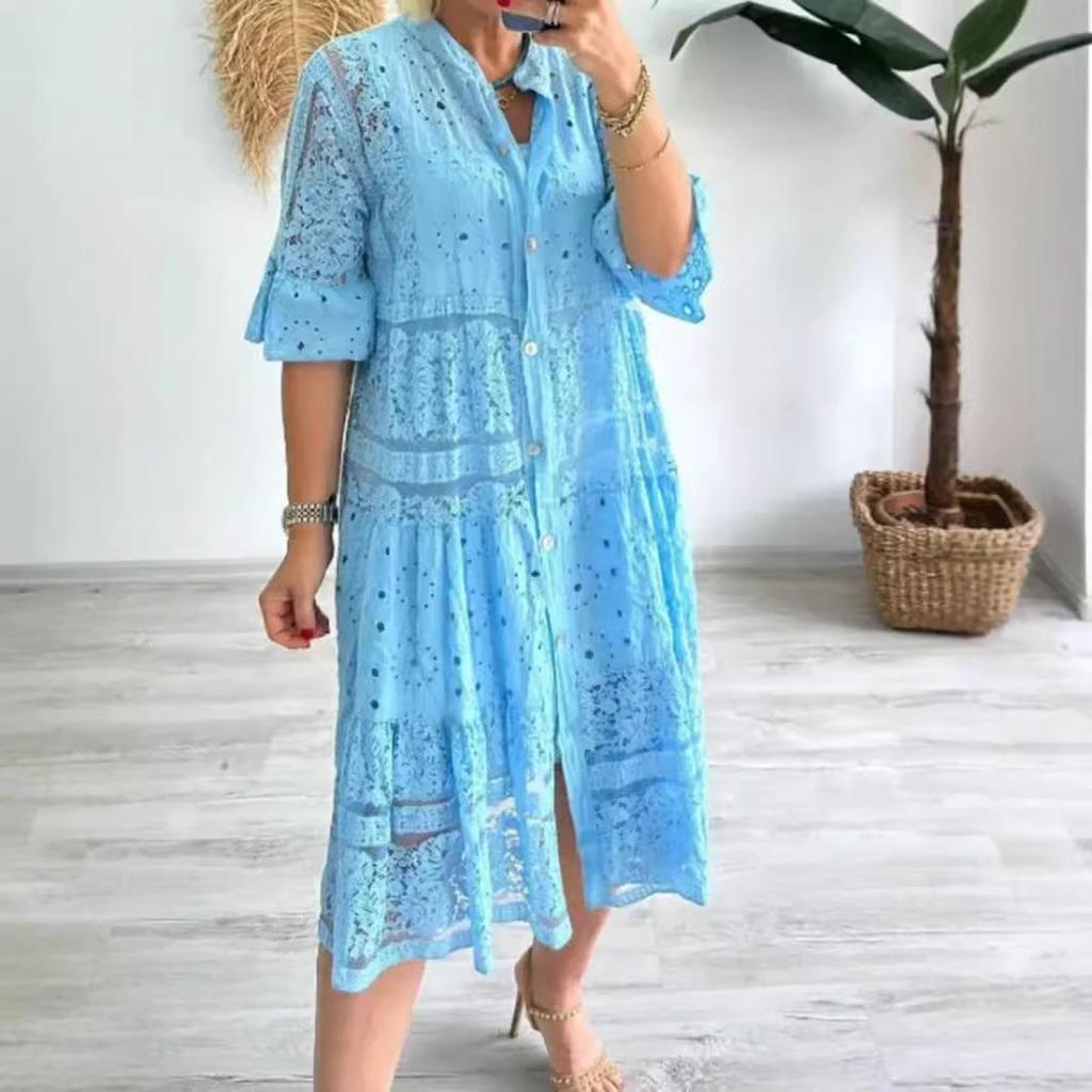 2024 Sommer Einfarbiges Spitzenkleid mit V-Ausschnitt und Knopfleiste für Damen