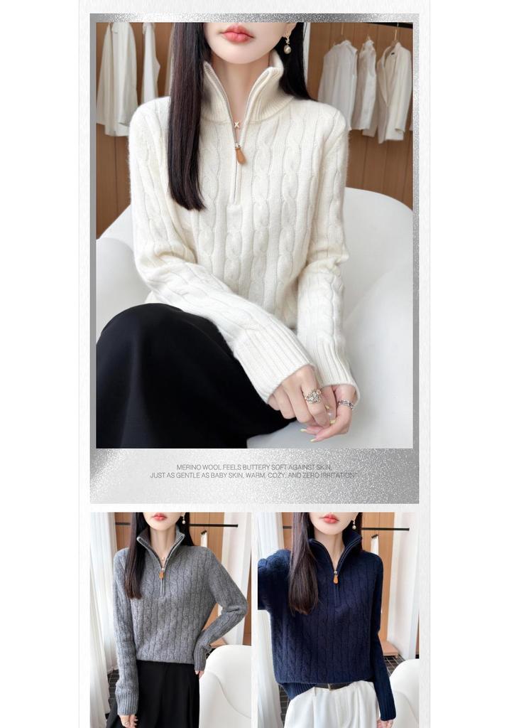 Fashionable Lapel Pure Wool Cable Knit Zipper Sweater - Loose Fit, Simple Long Sleeve Knitwear Top