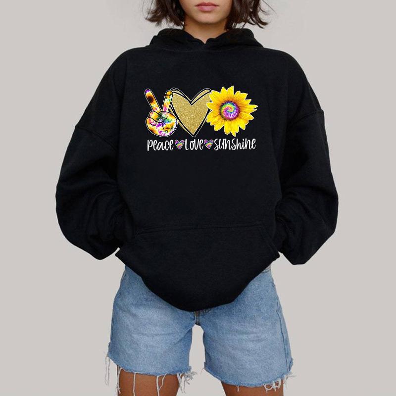 Autumn And Winter Peace Love Sunshine Letter Pattern Printing Back Collar Velvet Hooded Sweater Women