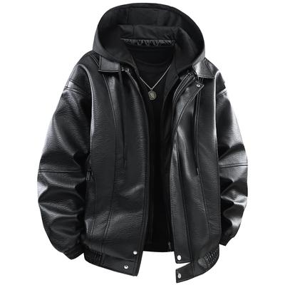 Fake Two-piece Hooded Jacket for Men's Autumn and Winter New Jacket Loose Thick Youth Casual Motorcycle Leather Jacket