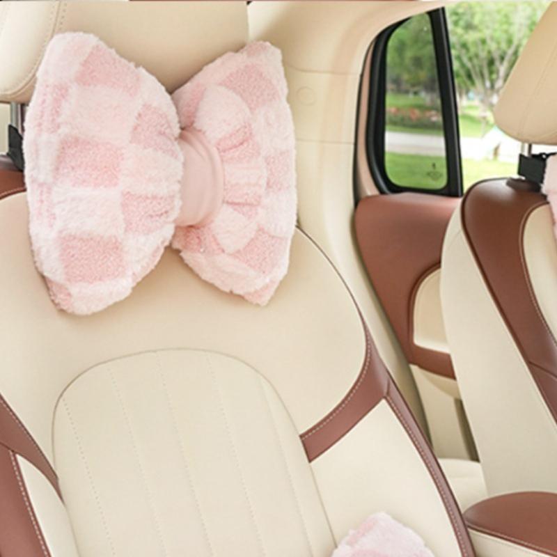 1pc Cute Bow Car Neck Pillow Cartoon Design  Plush Car Headrest Simple Cute Interior Accessories Creative Gift for Girls