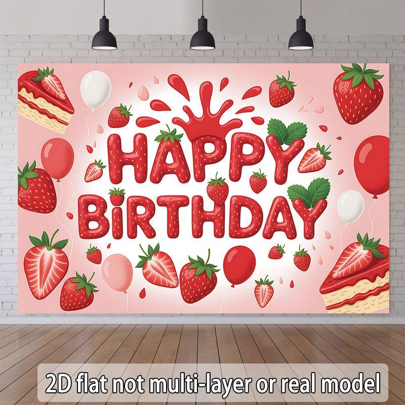 2D Strawberry Birthday Happy Banner - Vibrant pink and red strawberry design with the words Happy Birthday 100x150cm