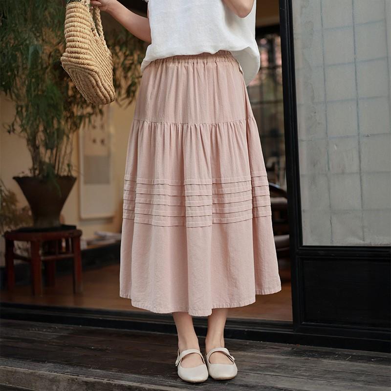 Johnature Women Patchwork Skirts Elastic Waist Solid Color Cloths Spring Casual Skirts