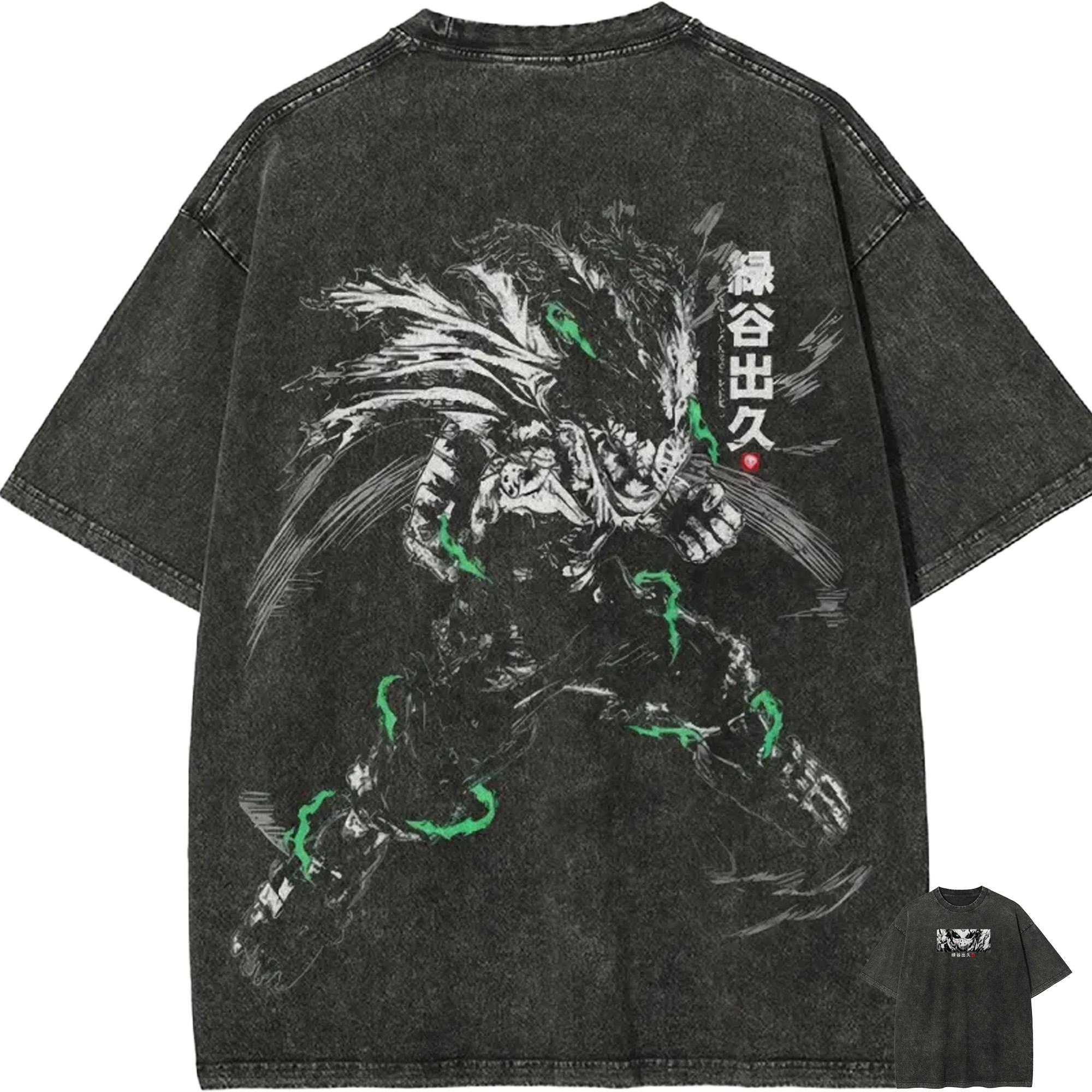 Izuku Midoriya T Shirt My Hero Academia Men Acid Wash Dark Deku Berserk Graphic Cotton Streetwear Manga Vigilante Tee M