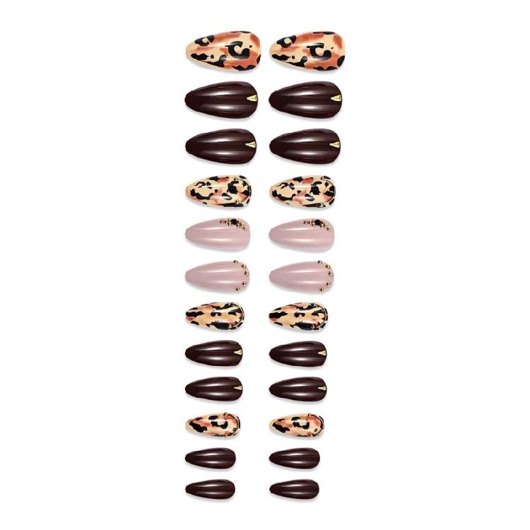 24Pcs Short Almond Leopard Press On Nail Glossy False Nail Winter Nail Decors Stick on Nail Suitable for Work and Event