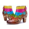 Johnature Genuine Leather Printed Short Boots Fashion Mixed Colors Flower Side Zipper Women's High Heels