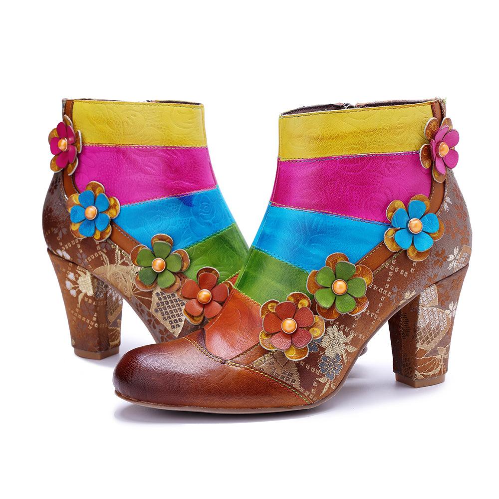 Johnature Genuine Leather Printed Short Boots Fashion Mixed Colors Flower Side Zipper Women's High Heels