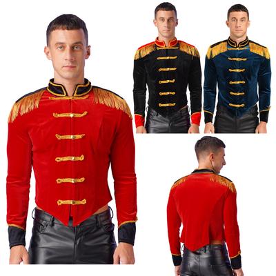 Mens Circus Ringmaster Costume Velvet Jacket Fringed Epaulets Stand Collar Halloween Party Attire