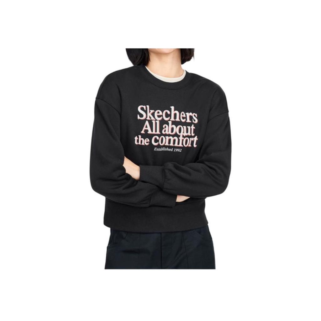 Skechers Letter Print Crew Neck Pullover Sweatshirt Women sweatshirt Carbon-Black L324W049-0018