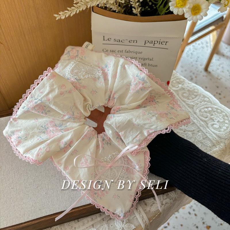 Floral Lace Bow Square Kerchief Hair Tie with Sweet Trim