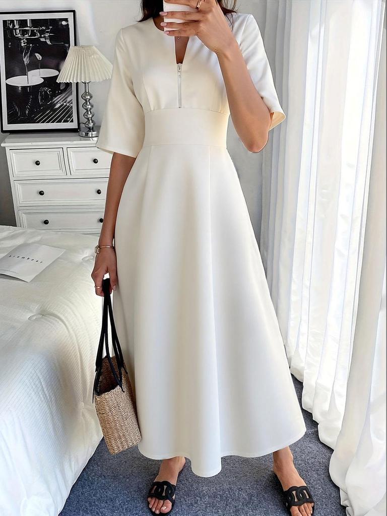 2026 French Casual Solid Color Holiday Dress - Women's Long & Short Sleeve Spring/Summer