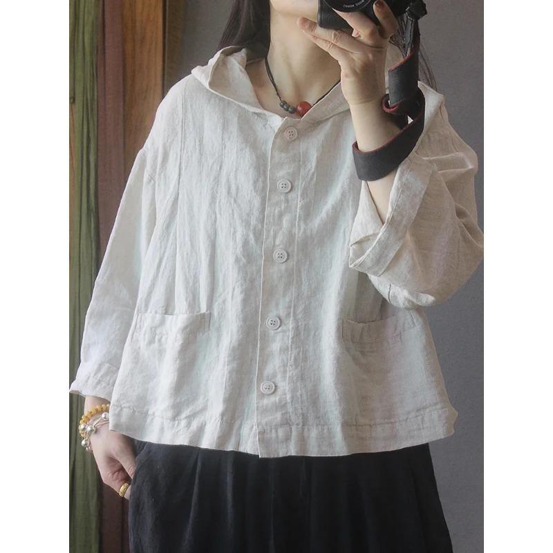 Women's Linen Hooded Shirt Oversized Button Front Casual Loose Fit Blouse with Pockets