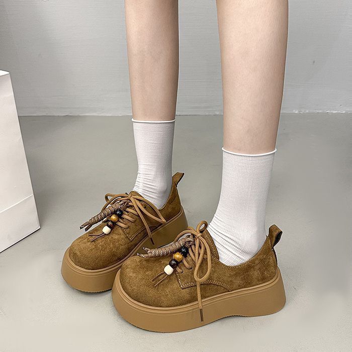 Fashion Lace-up Women's Loafers, Muffin Soles, Retro Round Head Thick Soles, Not Tired Feet, Single Shoes 2025 Autumn and Winter New Models