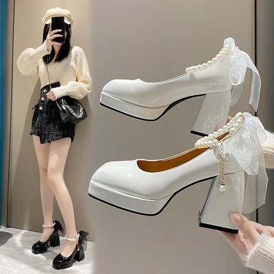 Spring and Autumn New Pearl Chain Thick Heel Simple Square Head Large Size High Heels Women Mary Jane Shoes Women