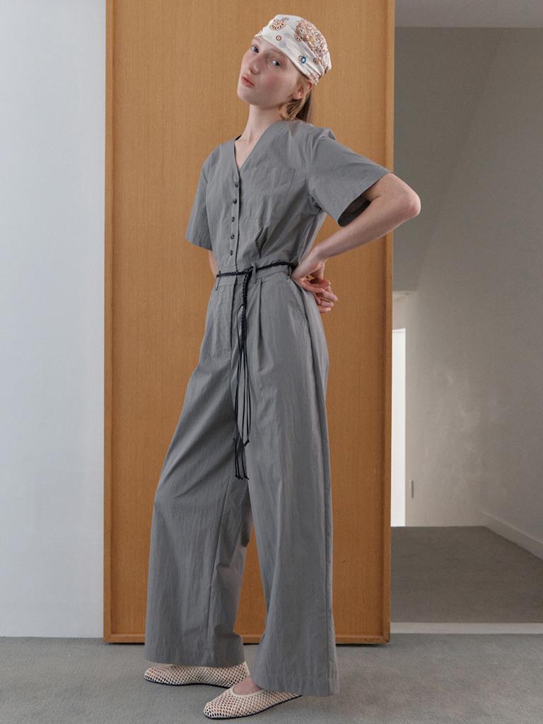 Elssibeui V-Neck Button Jumpsuit_Light Gray
