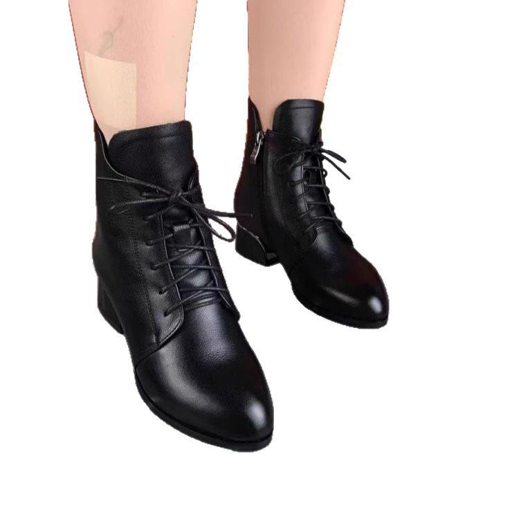 Pointed short boots women's thick heel 2025 autumn and winter new thin boots black temperament women's boots soft leather lace-up Martin boots