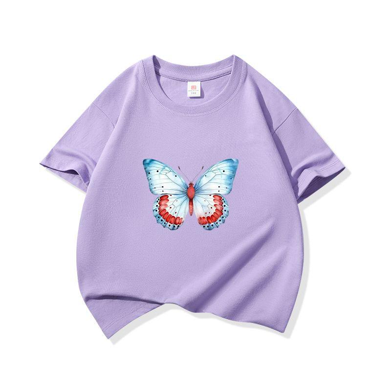 Kids Cotton T Shirt Light Blue And Red Butterfly Print Crew Neck Short Sleeve Tee Casual Boys Girls Summer Tops