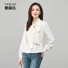 Elegant and Fashionable Lace Up Collar Long Sleeved Shirt, Women's Waist Cinching Versatile Slimming Shirt, Women's Top