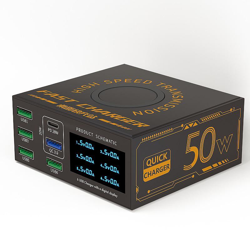 6-Port USB Charger with 20W PD Fast Charging and Digital Display - Universal Type-C Desktop Station for Mobile Phones