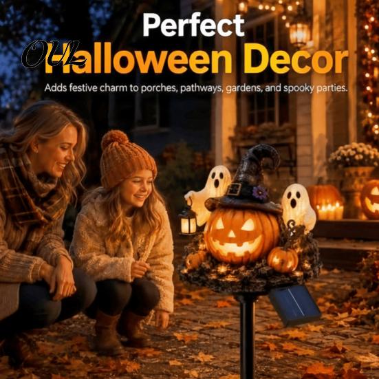 Halloween Porch Lighting Solar Pumpkin Garden Stake Light, Waterproof LED Yard Decoration with Automatic Dusk To Dawn Light Wizard Hat And Ghost,