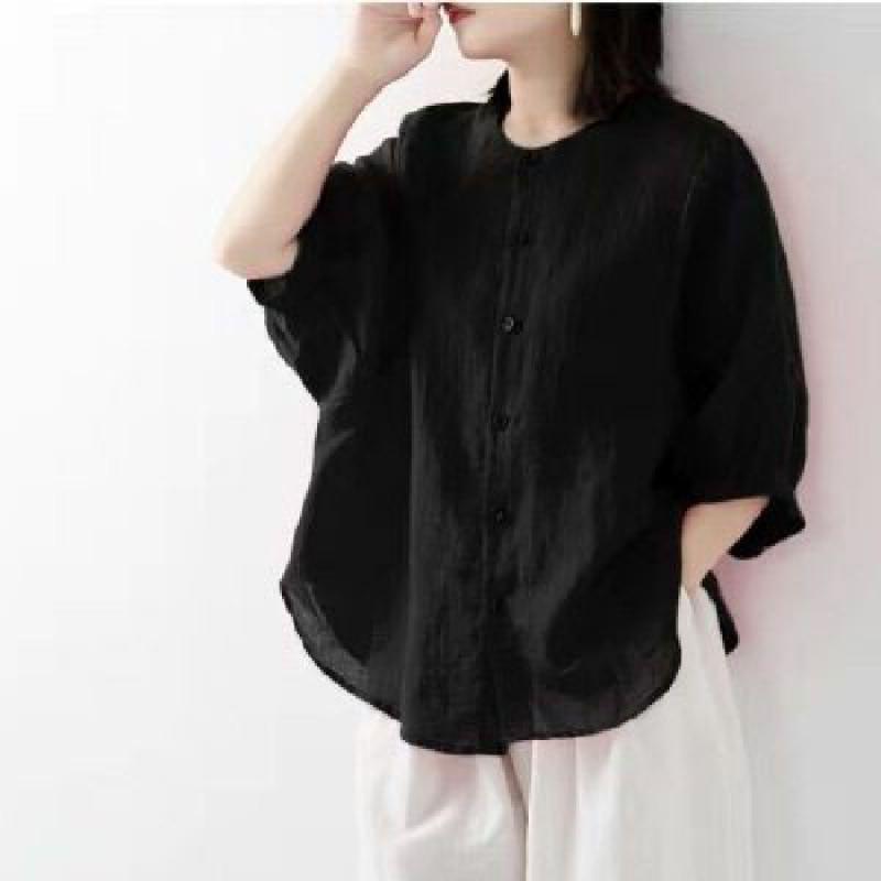 Cotton and Linen Shirt Women's Spring and Summer Thin Solid Color Lantern Sleeve Stand Collar Top Loose Large Size Shirt