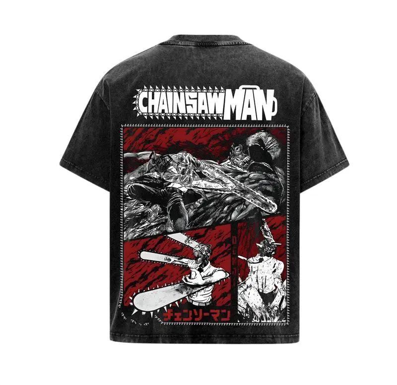 Anime Chainsaw Man Denji Graphic T-shirt Vintage Washed Oversized T Shirt Men Women Clothing Pure Cotton Short Sleeve Tees
