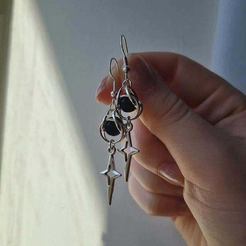 Star Sparkle Gothic Silver Earrings with Black Bead Pendants