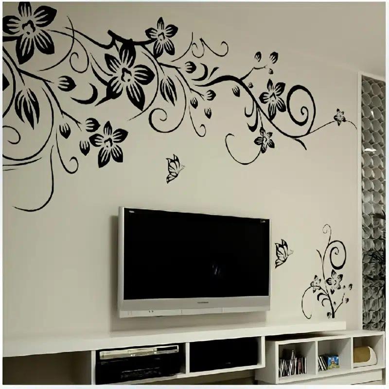Self-adhesive Butterfly & Flower Vine Wall Stickers for Living Room TV Background