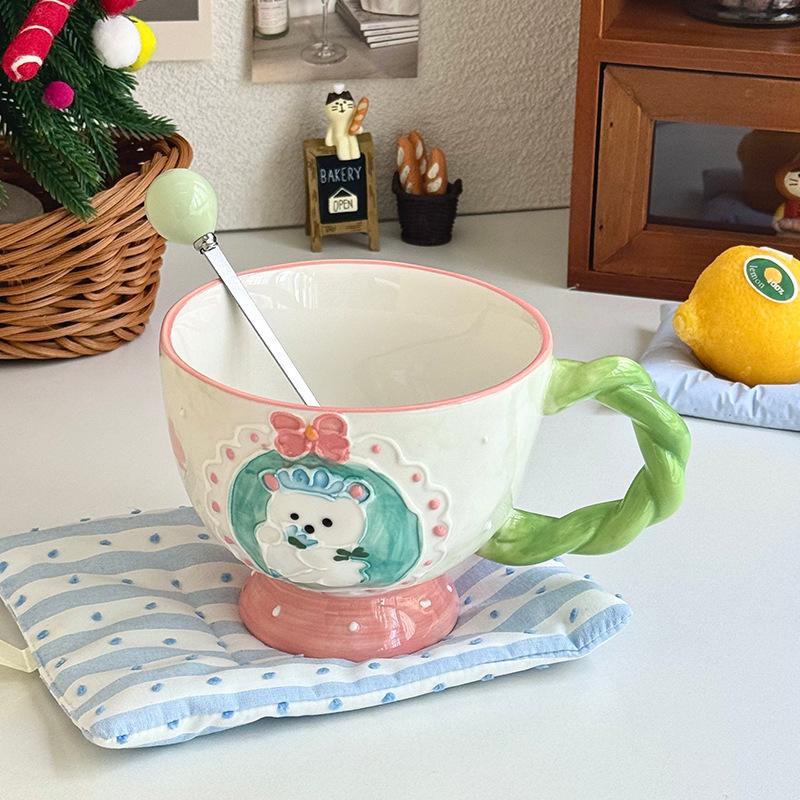 High-value underglaze color relief breakfast oat cup girls large-capacity ceramic mug birthday gift souvenir