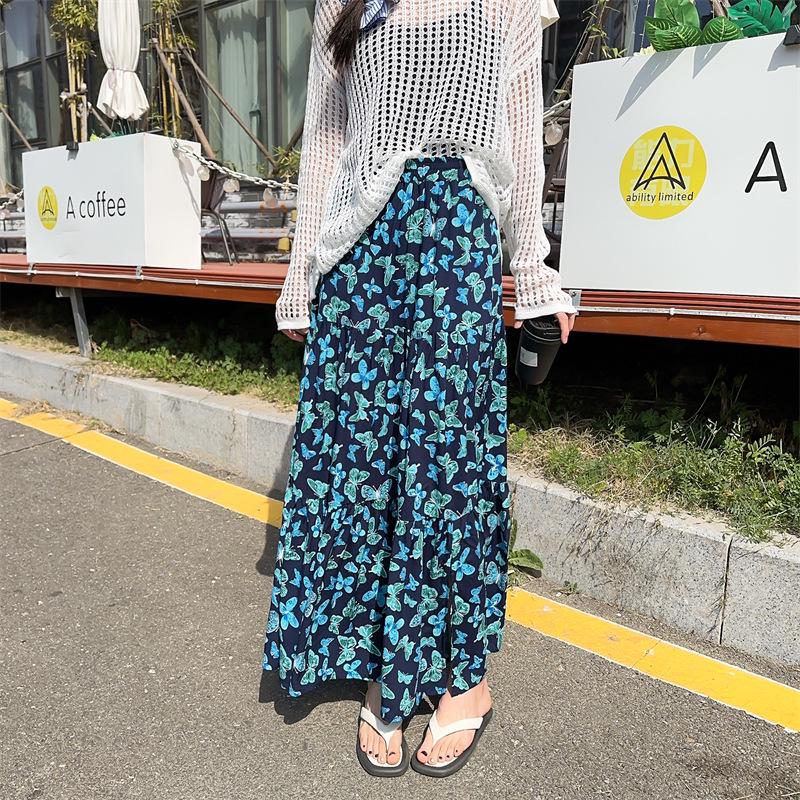 2025 Summer Floral Cotton-Silk Midi Skirt: Slimming, Thin Rayon Cardigan, Long Cake Skirt for Women.