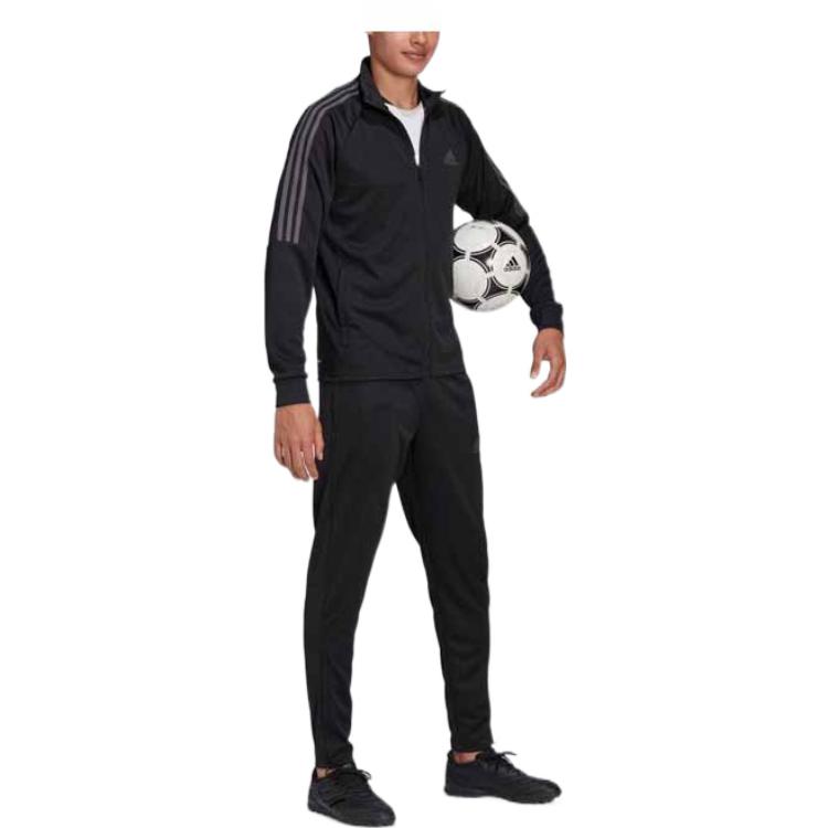 adidas Conjunto de Chaqueta con Cremallera y Estampado de Logo a Rayas y Pantalones Deportivos de Pierna Recta para Hombre Conjunto Negro Gris H28916