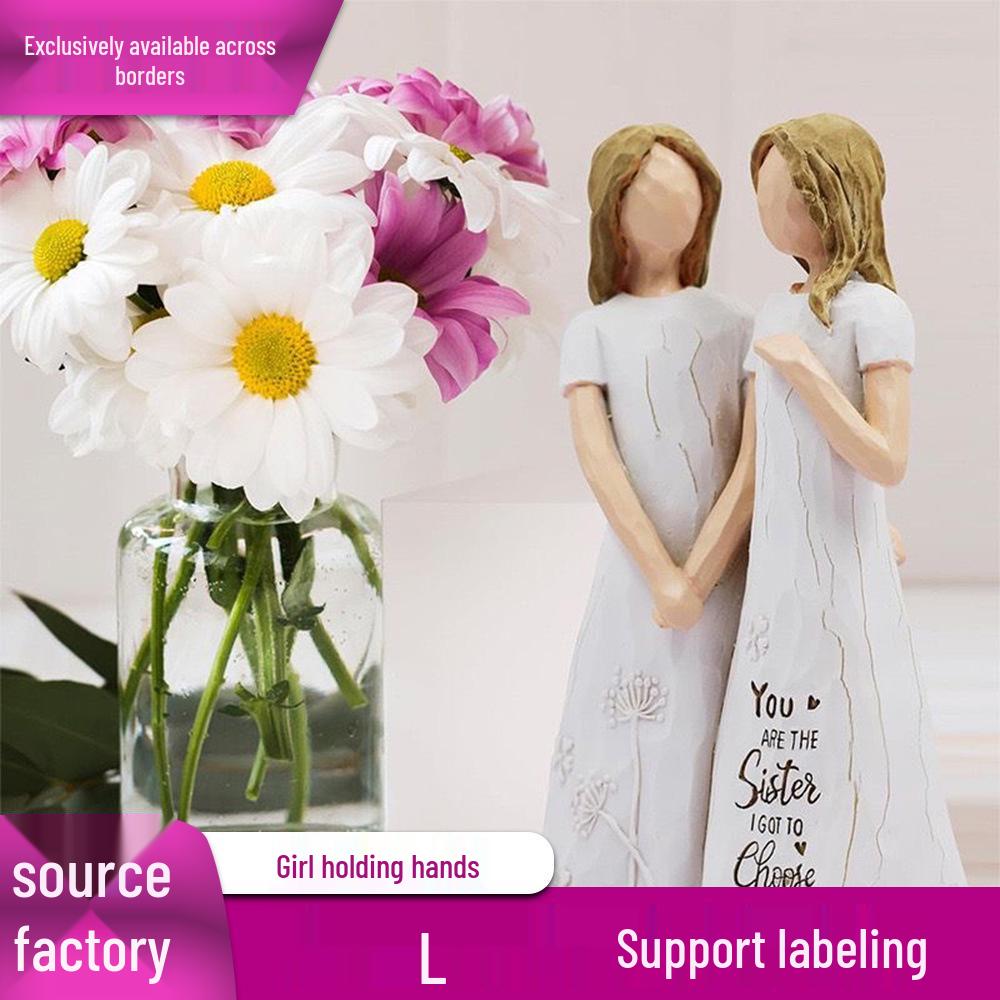 Sisterly Angel Resin Figurine: Holding Hands Ornament for Office Desk or Festival Gift