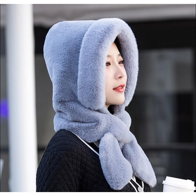 Women Winter Hood Thick Plush Scarf Hat Set Outdoor Ski Windproof Warm Headgear Solid Color Fluffy Fur Female Earmuffs Cap